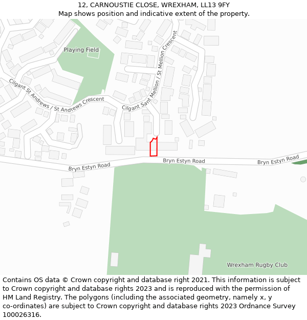 12, CARNOUSTIE CLOSE, WREXHAM, LL13 9FY: Location map and indicative extent of plot