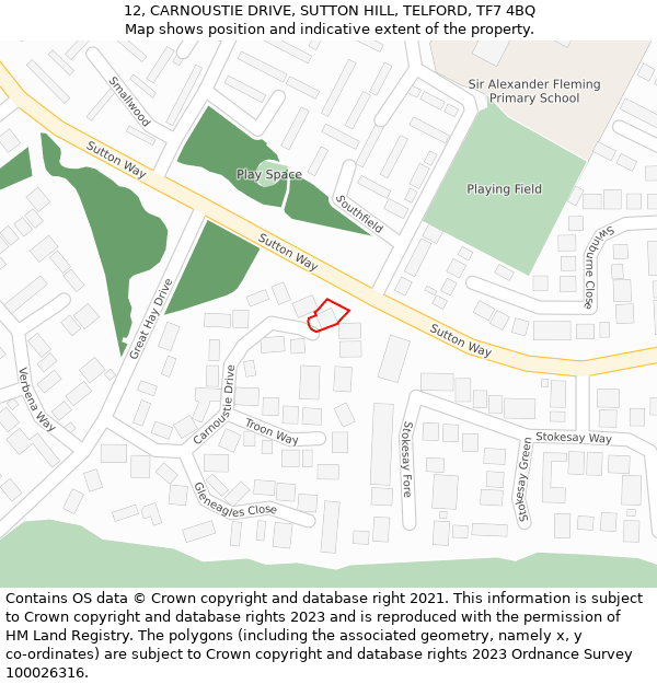 12, CARNOUSTIE DRIVE, SUTTON HILL, TELFORD, TF7 4BQ: Location map and indicative extent of plot