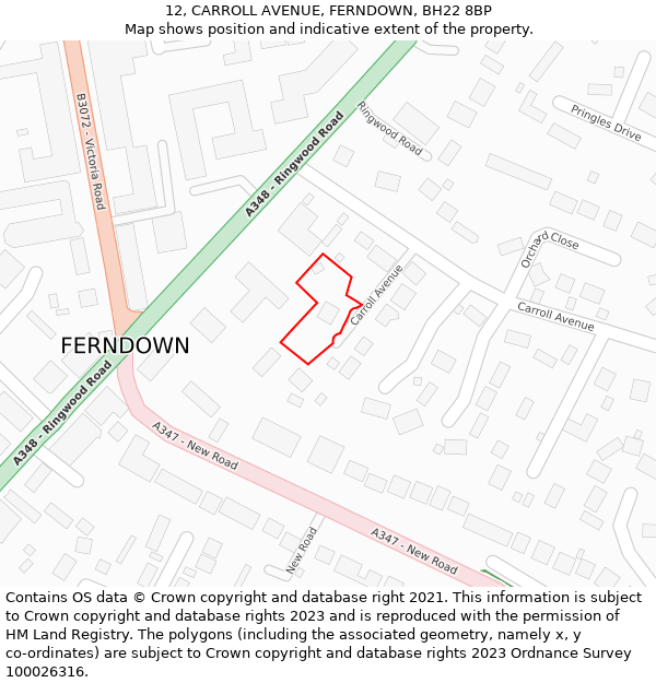 12, CARROLL AVENUE, FERNDOWN, BH22 8BP: Location map and indicative extent of plot