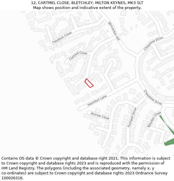 12, CARTMEL CLOSE, BLETCHLEY, MILTON KEYNES, MK3 5LT: Location map and indicative extent of plot