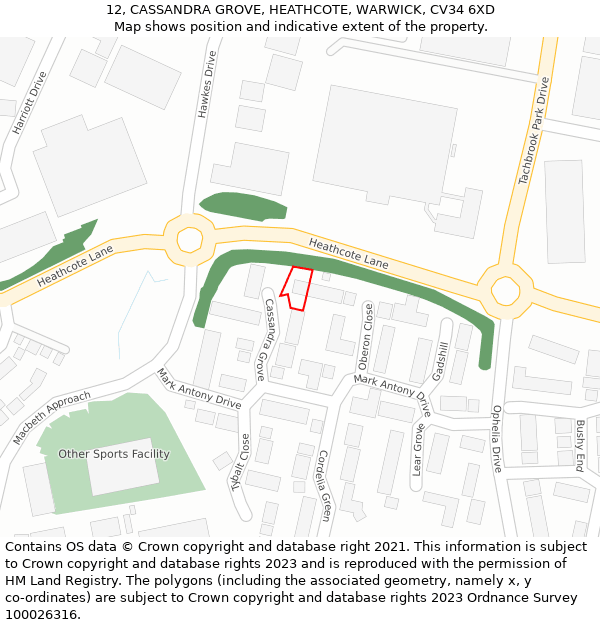 12, CASSANDRA GROVE, HEATHCOTE, WARWICK, CV34 6XD: Location map and indicative extent of plot