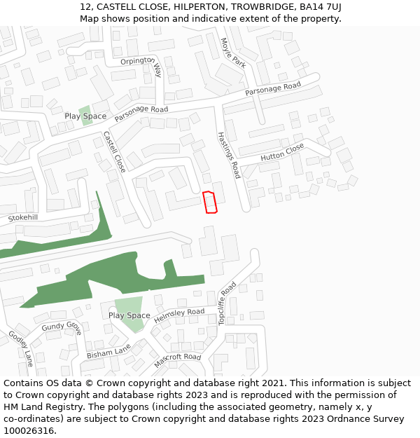 12, CASTELL CLOSE, HILPERTON, TROWBRIDGE, BA14 7UJ: Location map and indicative extent of plot