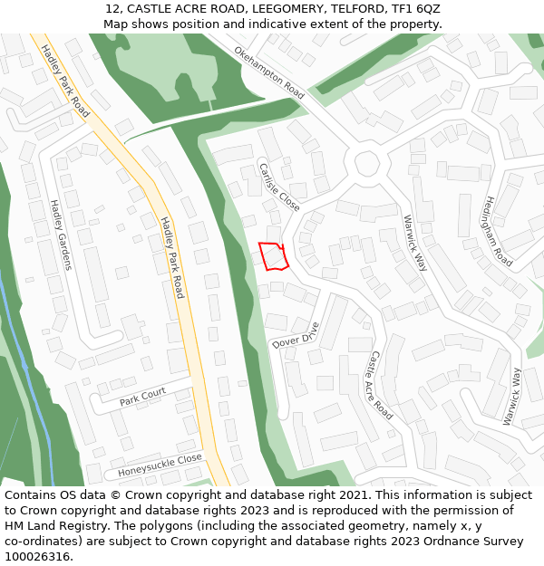 12, CASTLE ACRE ROAD, LEEGOMERY, TELFORD, TF1 6QZ: Location map and indicative extent of plot
