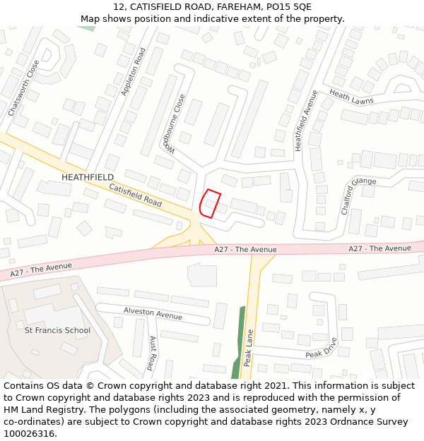 12, CATISFIELD ROAD, FAREHAM, PO15 5QE: Location map and indicative extent of plot