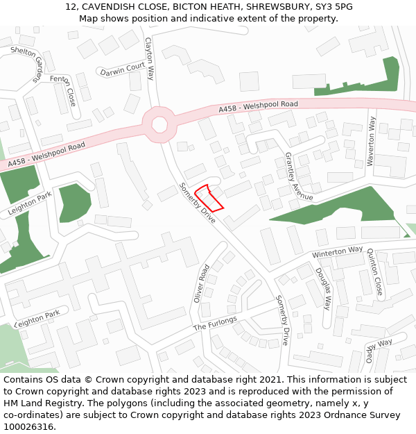 12, CAVENDISH CLOSE, BICTON HEATH, SHREWSBURY, SY3 5PG: Location map and indicative extent of plot