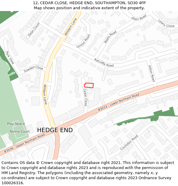 12, CEDAR CLOSE, HEDGE END, SOUTHAMPTON, SO30 4FP: Location map and indicative extent of plot