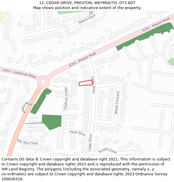 12, CEDAR DRIVE, PRESTON, WEYMOUTH, DT3 6DT: Location map and indicative extent of plot