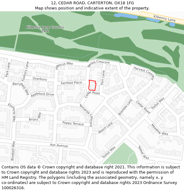 12, CEDAR ROAD, CARTERTON, OX18 1FG: Location map and indicative extent of plot