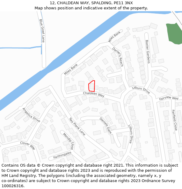 12, CHALDEAN WAY, SPALDING, PE11 3NX: Location map and indicative extent of plot