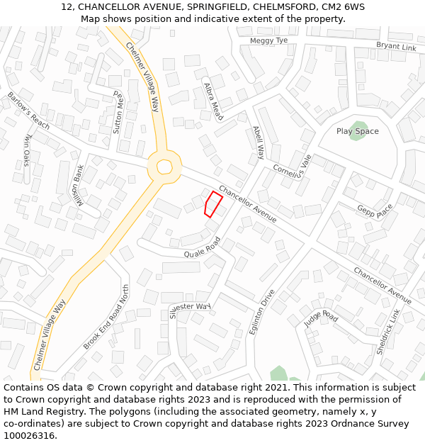 12, CHANCELLOR AVENUE, SPRINGFIELD, CHELMSFORD, CM2 6WS: Location map and indicative extent of plot