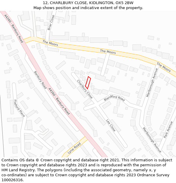 12, CHARLBURY CLOSE, KIDLINGTON, OX5 2BW: Location map and indicative extent of plot