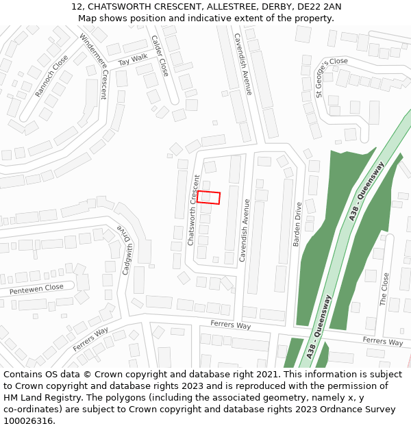 12, CHATSWORTH CRESCENT, ALLESTREE, DERBY, DE22 2AN: Location map and indicative extent of plot
