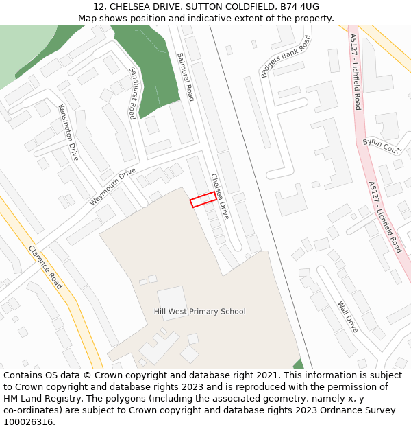12, CHELSEA DRIVE, SUTTON COLDFIELD, B74 4UG: Location map and indicative extent of plot