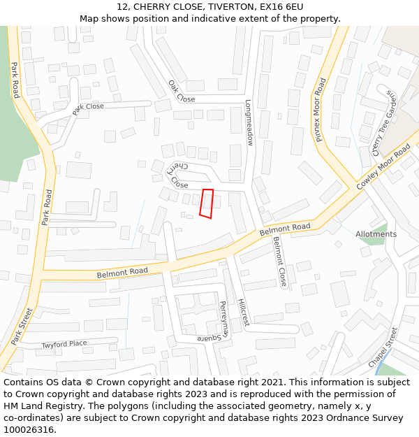 12, CHERRY CLOSE, TIVERTON, EX16 6EU: Location map and indicative extent of plot
