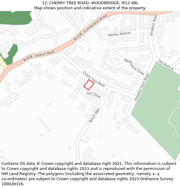 12, CHERRY TREE ROAD, WOODBRIDGE, IP12 4BL: Location map and indicative extent of plot