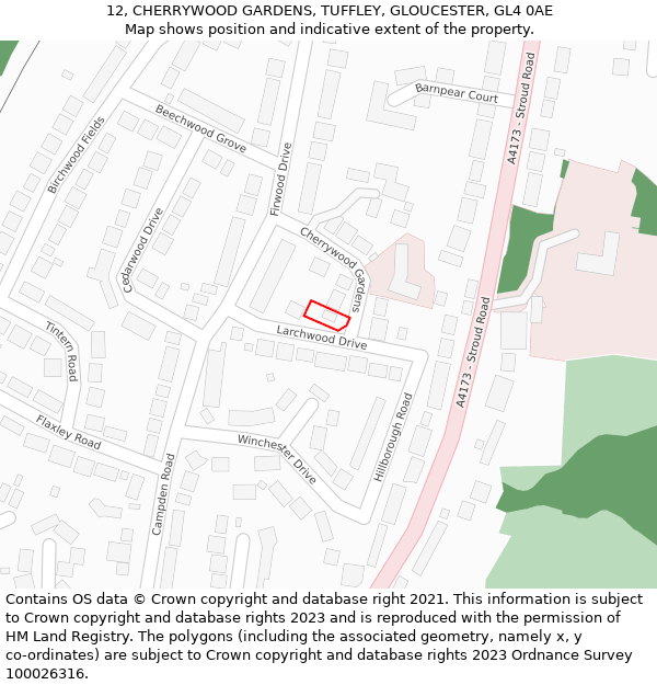 12, CHERRYWOOD GARDENS, TUFFLEY, GLOUCESTER, GL4 0AE: Location map and indicative extent of plot