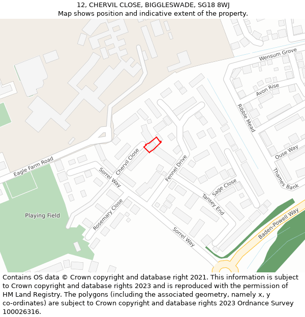 12, CHERVIL CLOSE, BIGGLESWADE, SG18 8WJ: Location map and indicative extent of plot