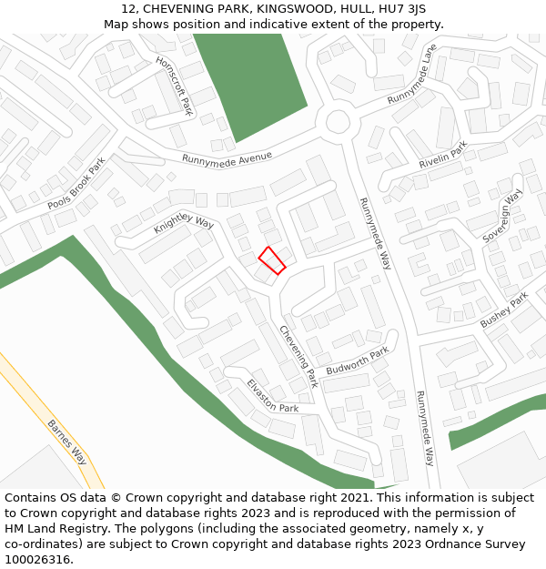 12, CHEVENING PARK, KINGSWOOD, HULL, HU7 3JS: Location map and indicative extent of plot