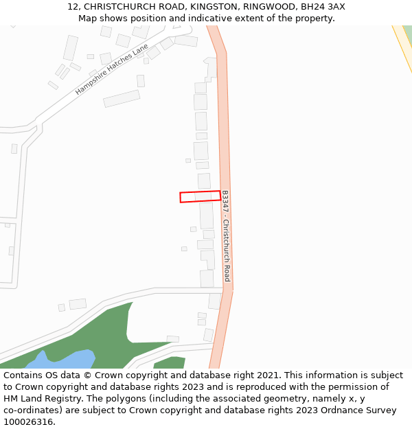12, CHRISTCHURCH ROAD, KINGSTON, RINGWOOD, BH24 3AX: Location map and indicative extent of plot