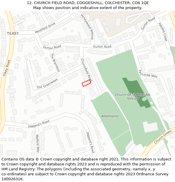 12, CHURCH FIELD ROAD, COGGESHALL, COLCHESTER, CO6 1QE: Location map and indicative extent of plot