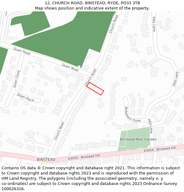 12, CHURCH ROAD, BINSTEAD, RYDE, PO33 3TB: Location map and indicative extent of plot