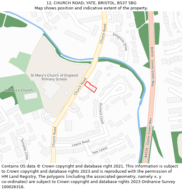 12, CHURCH ROAD, YATE, BRISTOL, BS37 5BG: Location map and indicative extent of plot