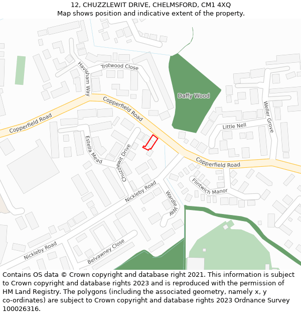 12, CHUZZLEWIT DRIVE, CHELMSFORD, CM1 4XQ: Location map and indicative extent of plot