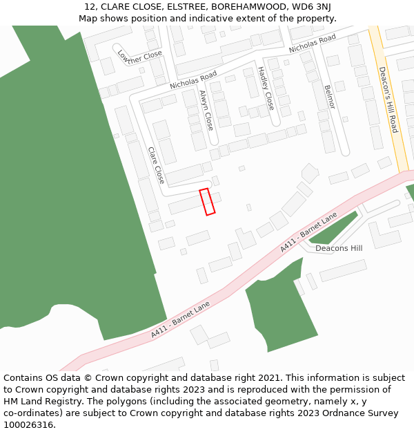 12, CLARE CLOSE, ELSTREE, BOREHAMWOOD, WD6 3NJ: Location map and indicative extent of plot