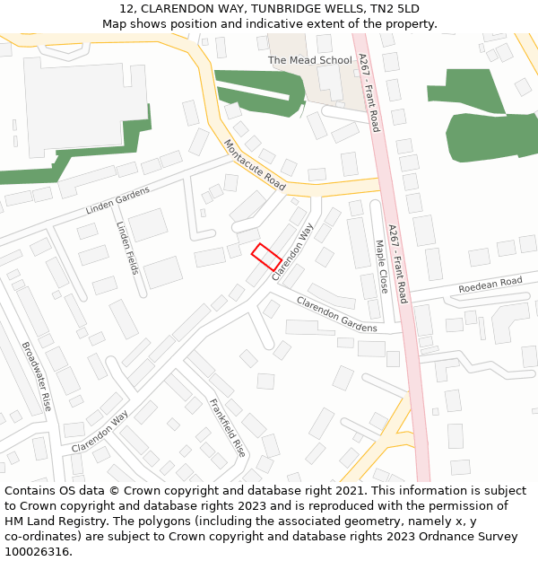 12, CLARENDON WAY, TUNBRIDGE WELLS, TN2 5LD: Location map and indicative extent of plot