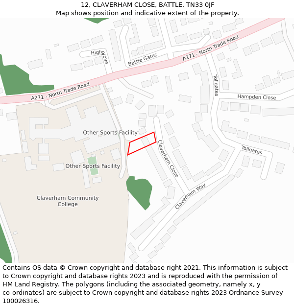 12, CLAVERHAM CLOSE, BATTLE, TN33 0JF: Location map and indicative extent of plot