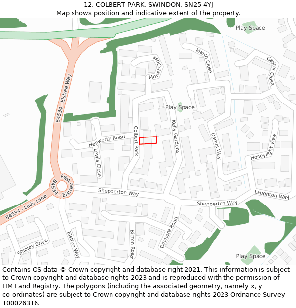 12, COLBERT PARK, SWINDON, SN25 4YJ: Location map and indicative extent of plot