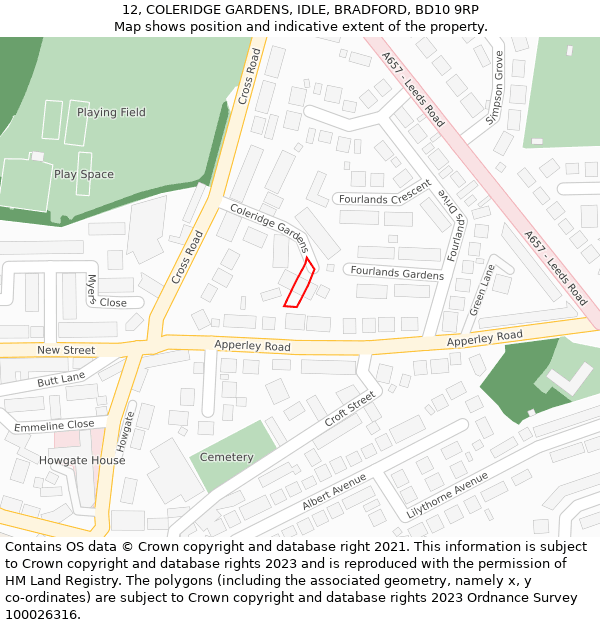 12, COLERIDGE GARDENS, IDLE, BRADFORD, BD10 9RP: Location map and indicative extent of plot
