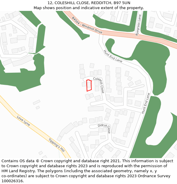 12, COLESHILL CLOSE, REDDITCH, B97 5UN: Location map and indicative extent of plot