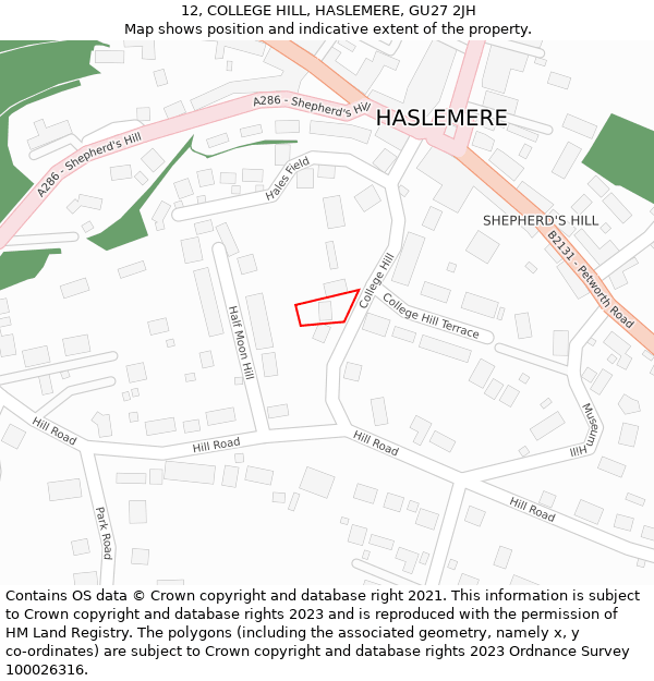 12, COLLEGE HILL, HASLEMERE, GU27 2JH: Location map and indicative extent of plot