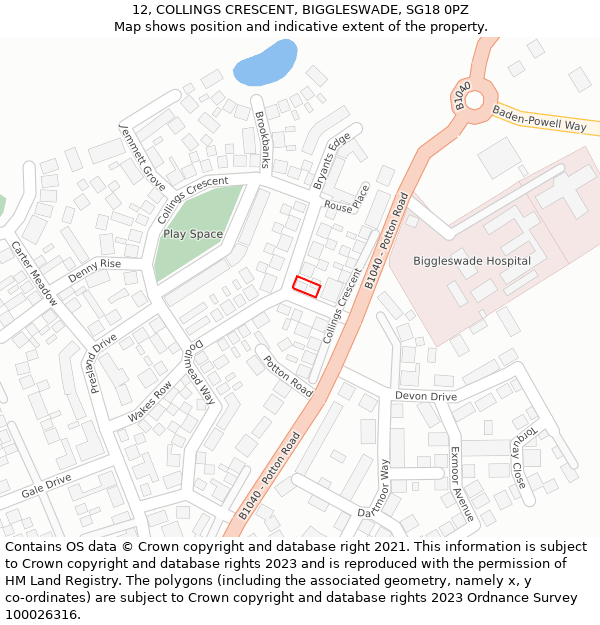 12, COLLINGS CRESCENT, BIGGLESWADE, SG18 0PZ: Location map and indicative extent of plot