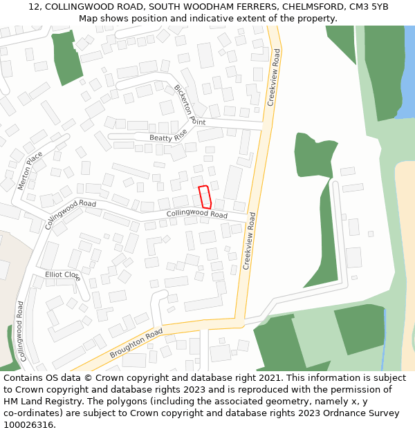 12, COLLINGWOOD ROAD, SOUTH WOODHAM FERRERS, CHELMSFORD, CM3 5YB: Location map and indicative extent of plot
