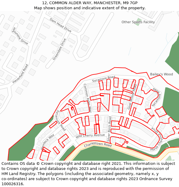 12, COMMON ALDER WAY, MANCHESTER, M9 7GP: Location map and indicative extent of plot