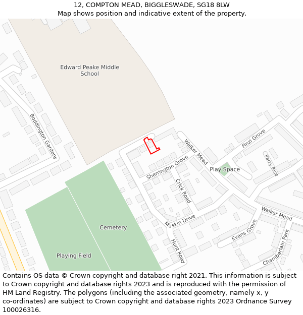 12, COMPTON MEAD, BIGGLESWADE, SG18 8LW: Location map and indicative extent of plot