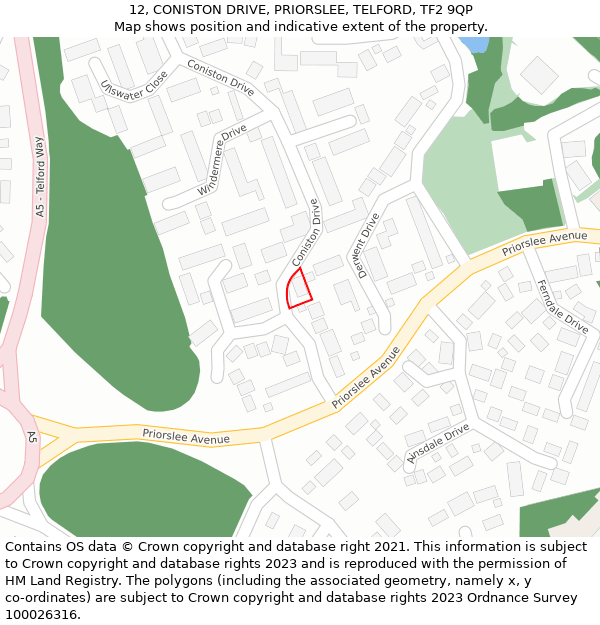 12, CONISTON DRIVE, PRIORSLEE, TELFORD, TF2 9QP: Location map and indicative extent of plot