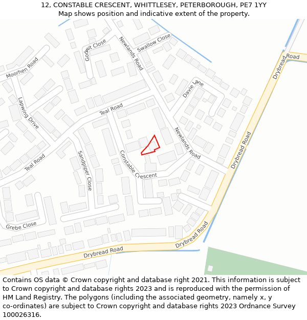 12, CONSTABLE CRESCENT, WHITTLESEY, PETERBOROUGH, PE7 1YY: Location map and indicative extent of plot