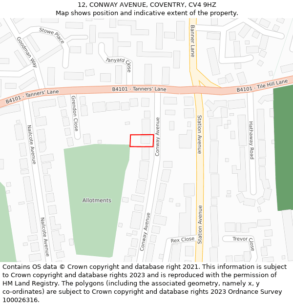 12, CONWAY AVENUE, COVENTRY, CV4 9HZ: Location map and indicative extent of plot