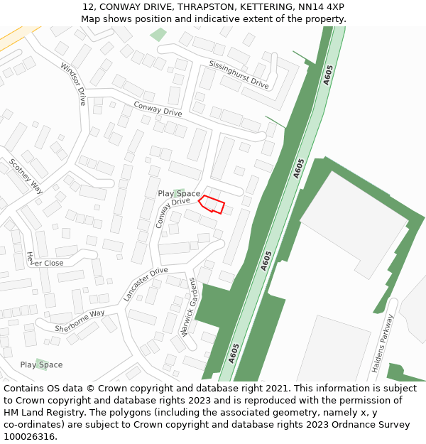 12, CONWAY DRIVE, THRAPSTON, KETTERING, NN14 4XP: Location map and indicative extent of plot