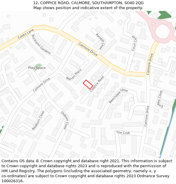 12, COPPICE ROAD, CALMORE, SOUTHAMPTON, SO40 2QG: Location map and indicative extent of plot