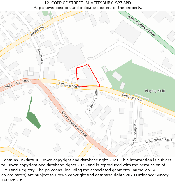 12, COPPICE STREET, SHAFTESBURY, SP7 8PD: Location map and indicative extent of plot