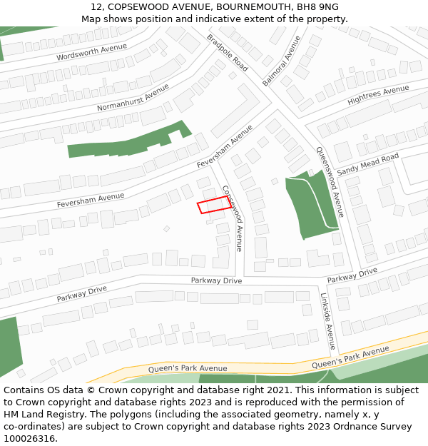 12, COPSEWOOD AVENUE, BOURNEMOUTH, BH8 9NG: Location map and indicative extent of plot