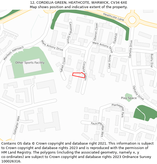 12, CORDELIA GREEN, HEATHCOTE, WARWICK, CV34 6XE: Location map and indicative extent of plot