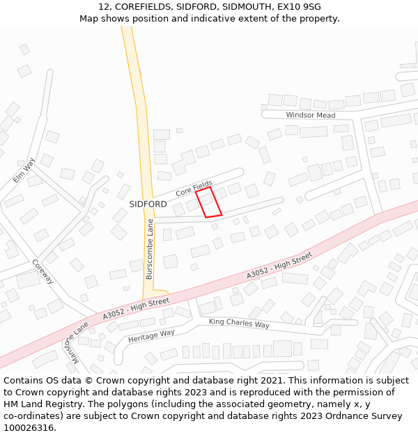 12, COREFIELDS, SIDFORD, SIDMOUTH, EX10 9SG: Location map and indicative extent of plot