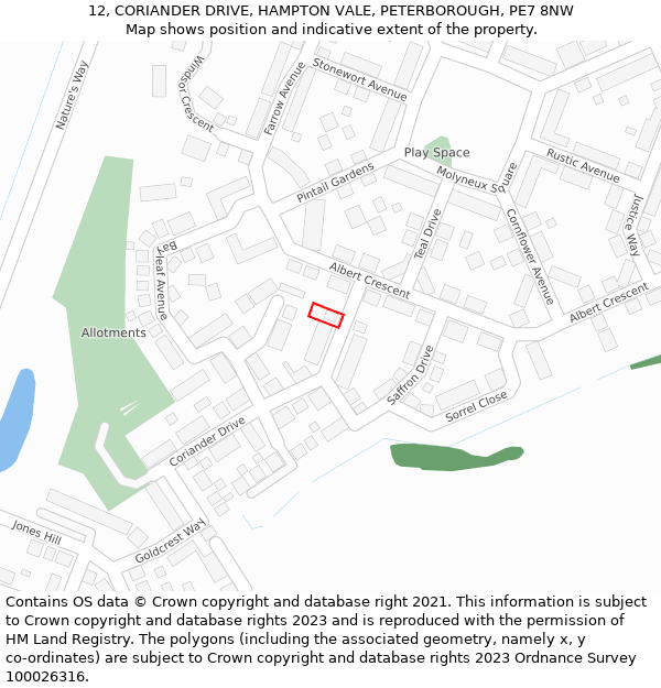 12, CORIANDER DRIVE, HAMPTON VALE, PETERBOROUGH, PE7 8NW: Location map and indicative extent of plot