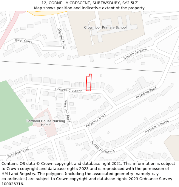 12, CORNELIA CRESCENT, SHREWSBURY, SY2 5LZ: Location map and indicative extent of plot