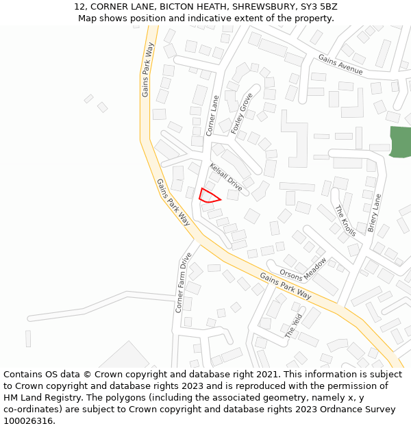 12, CORNER LANE, BICTON HEATH, SHREWSBURY, SY3 5BZ: Location map and indicative extent of plot